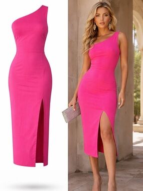 Vesper | Hot Pink One Shoulder Midi Dress | Bodycon | Stretch | Size 6